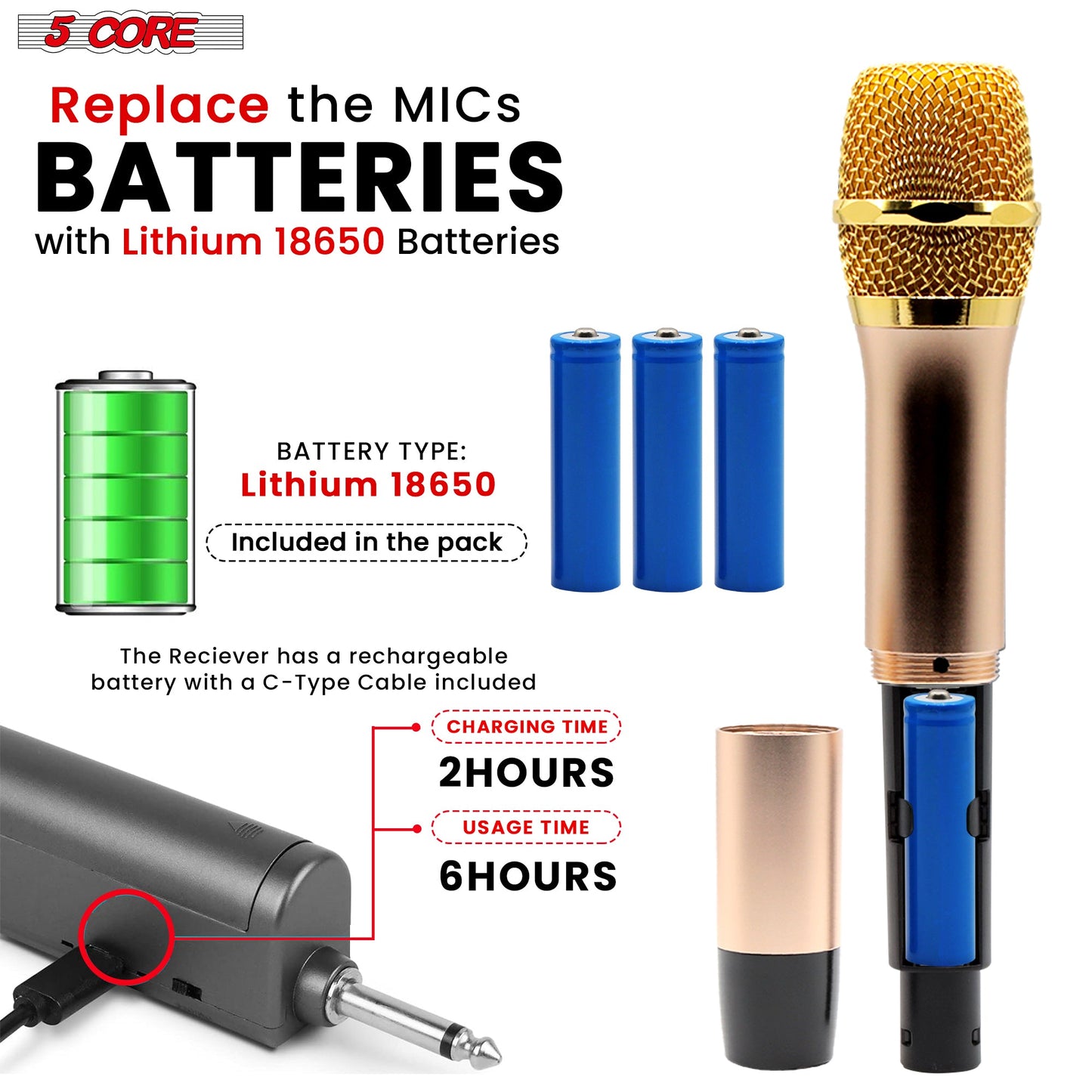 5Core Wireless Microphone Pair UHF Handheld Microfonos Inalambricos