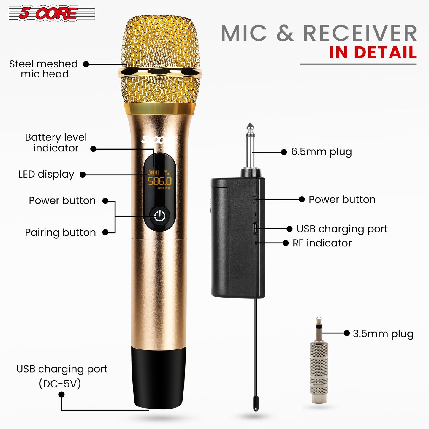 5Core Wireless Microphone Pair UHF Handheld Microfonos Inalambricos
