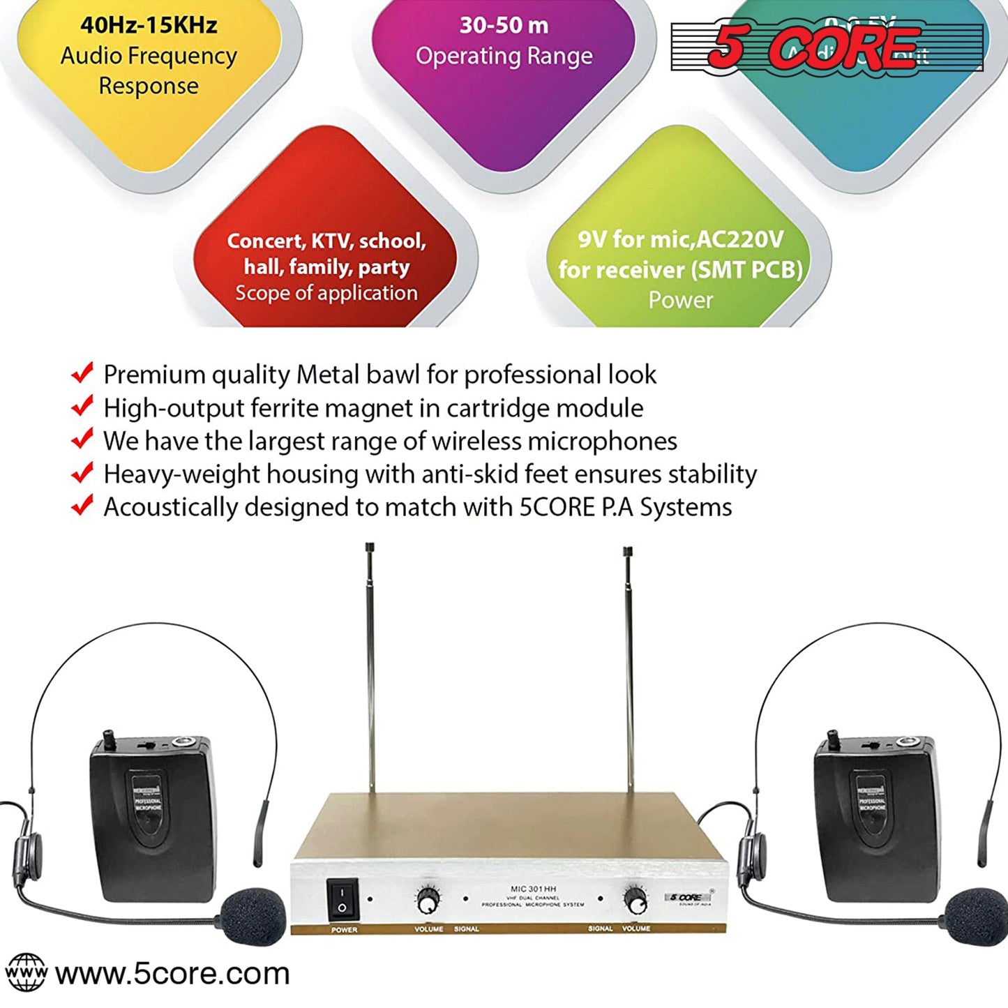 5Core Wireless Microphones w 2 Headset Portable Mini Microfono