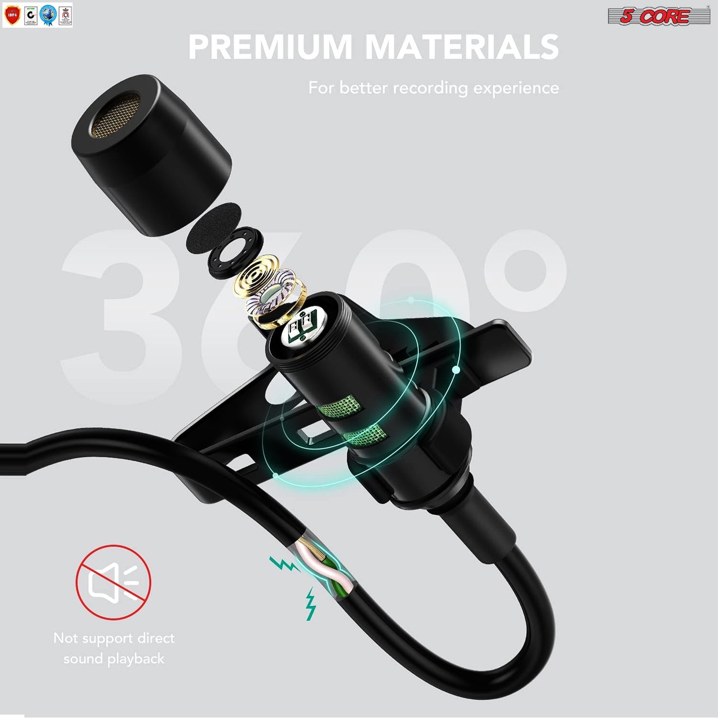 5Core Lavalier Microphone Clip On Professional Grade 3.5mm Lapel Mic